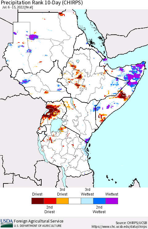 Eastern Africa Precipitation Rank since 1981, 10-Day (CHIRPS) Thematic Map For 7/6/2022 - 7/15/2022