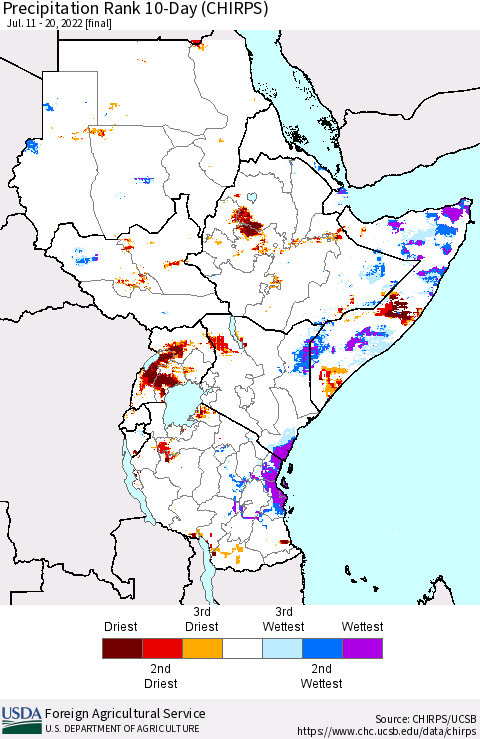 Eastern Africa Precipitation Rank since 1981, 10-Day (CHIRPS) Thematic Map For 7/11/2022 - 7/20/2022