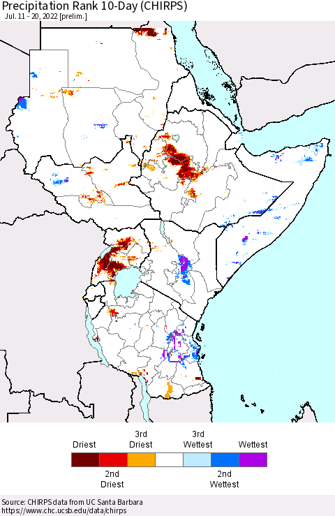 Eastern Africa Precipitation Rank 10-Day (CHIRPS) Thematic Map For 7/11/2022 - 7/20/2022
