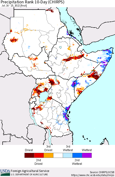 Eastern Africa Precipitation Rank since 1981, 10-Day (CHIRPS) Thematic Map For 7/16/2022 - 7/25/2022
