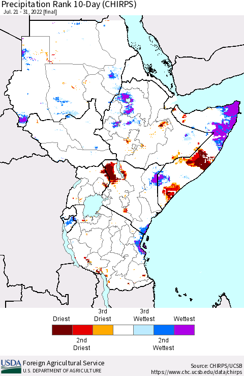 Eastern Africa Precipitation Rank since 1981, 10-Day (CHIRPS) Thematic Map For 7/21/2022 - 7/31/2022