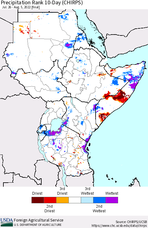 Eastern Africa Precipitation Rank since 1981, 10-Day (CHIRPS) Thematic Map For 7/26/2022 - 8/5/2022