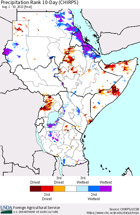 Eastern Africa Precipitation Rank since 1981, 10-Day (CHIRPS) Thematic Map For 8/1/2022 - 8/10/2022