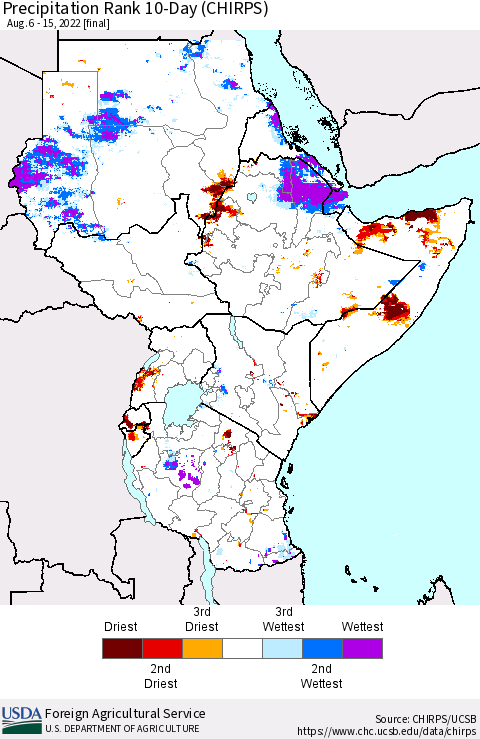 Eastern Africa Precipitation Rank since 1981, 10-Day (CHIRPS) Thematic Map For 8/6/2022 - 8/15/2022