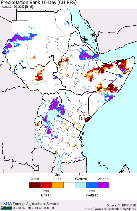 Eastern Africa Precipitation Rank since 1981, 10-Day (CHIRPS) Thematic Map For 8/11/2022 - 8/20/2022