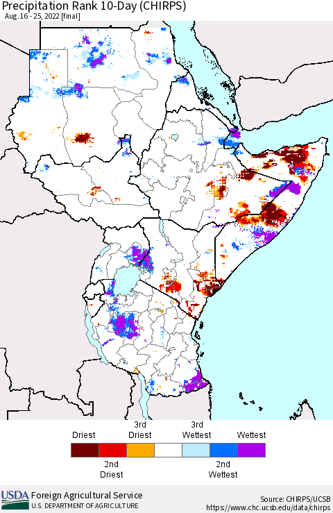Eastern Africa Precipitation Rank since 1981, 10-Day (CHIRPS) Thematic Map For 8/16/2022 - 8/25/2022