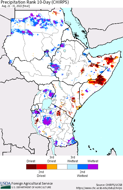 Eastern Africa Precipitation Rank since 1981, 10-Day (CHIRPS) Thematic Map For 8/21/2022 - 8/31/2022