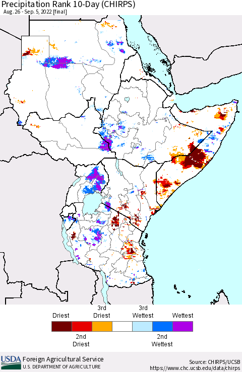 Eastern Africa Precipitation Rank since 1981, 10-Day (CHIRPS) Thematic Map For 8/26/2022 - 9/5/2022