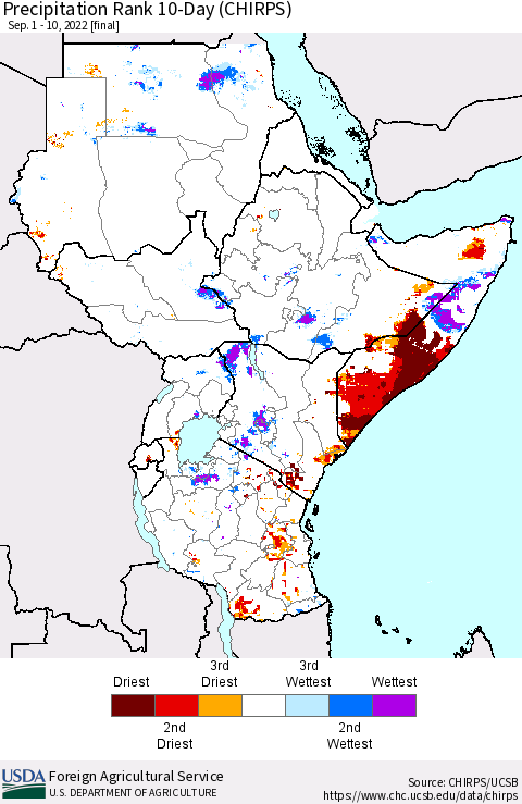 Eastern Africa Precipitation Rank since 1981, 10-Day (CHIRPS) Thematic Map For 9/1/2022 - 9/10/2022