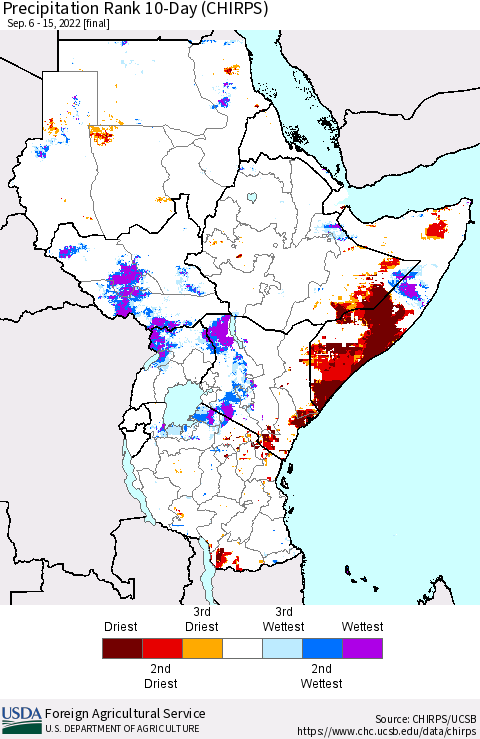 Eastern Africa Precipitation Rank since 1981, 10-Day (CHIRPS) Thematic Map For 9/6/2022 - 9/15/2022