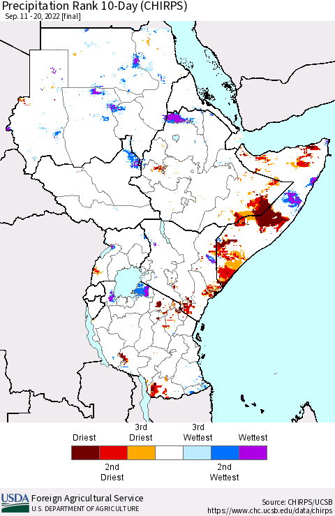 Eastern Africa Precipitation Rank since 1981, 10-Day (CHIRPS) Thematic Map For 9/11/2022 - 9/20/2022