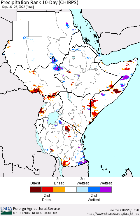 Eastern Africa Precipitation Rank since 1981, 10-Day (CHIRPS) Thematic Map For 9/16/2022 - 9/25/2022