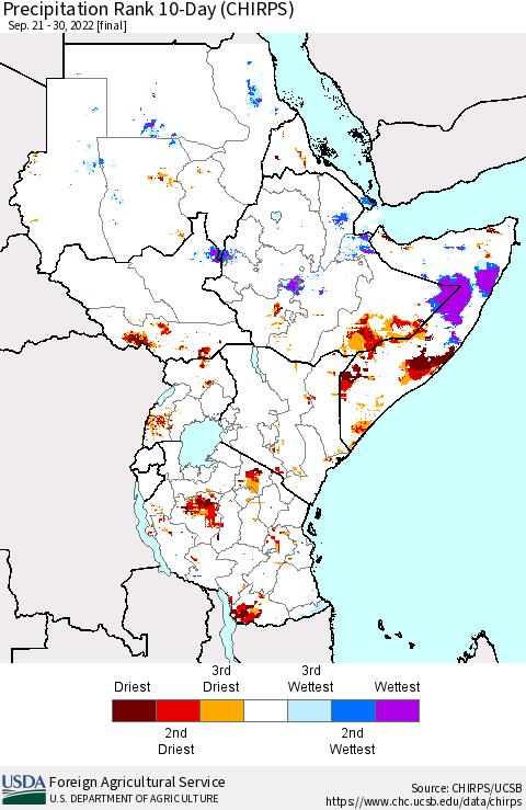 Eastern Africa Precipitation Rank since 1981, 10-Day (CHIRPS) Thematic Map For 9/21/2022 - 9/30/2022