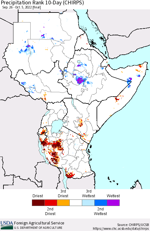 Eastern Africa Precipitation Rank since 1981, 10-Day (CHIRPS) Thematic Map For 9/26/2022 - 10/5/2022