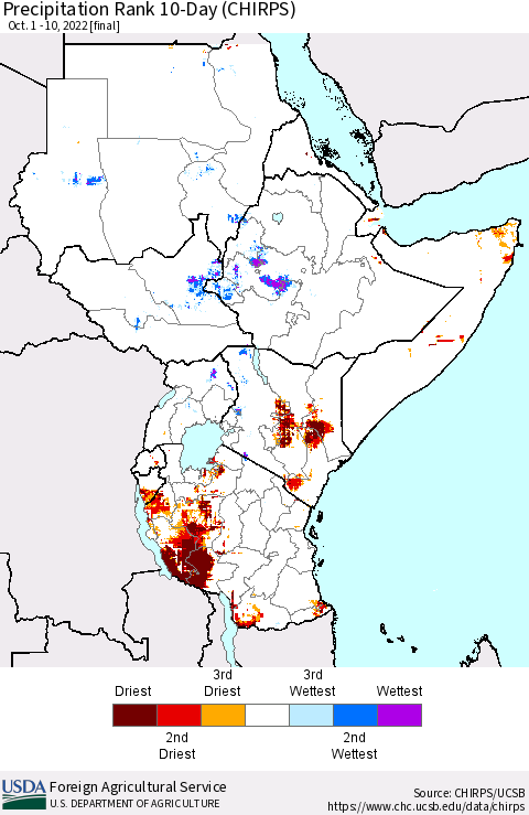 Eastern Africa Precipitation Rank since 1981, 10-Day (CHIRPS) Thematic Map For 10/1/2022 - 10/10/2022