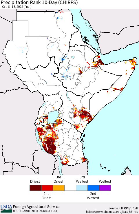 Eastern Africa Precipitation Rank since 1981, 10-Day (CHIRPS) Thematic Map For 10/6/2022 - 10/15/2022
