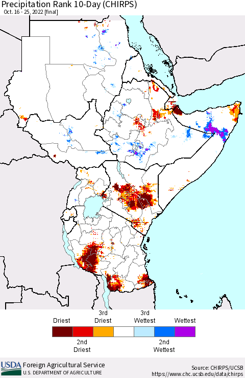 Eastern Africa Precipitation Rank since 1981, 10-Day (CHIRPS) Thematic Map For 10/16/2022 - 10/25/2022