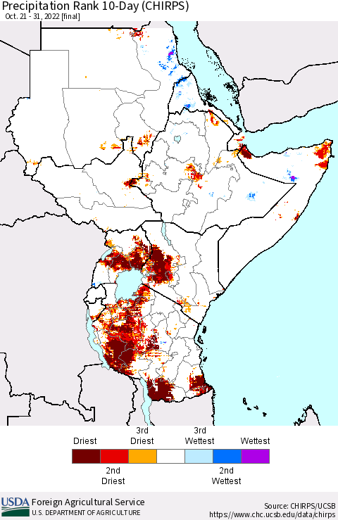 Eastern Africa Precipitation Rank since 1981, 10-Day (CHIRPS) Thematic Map For 10/21/2022 - 10/31/2022