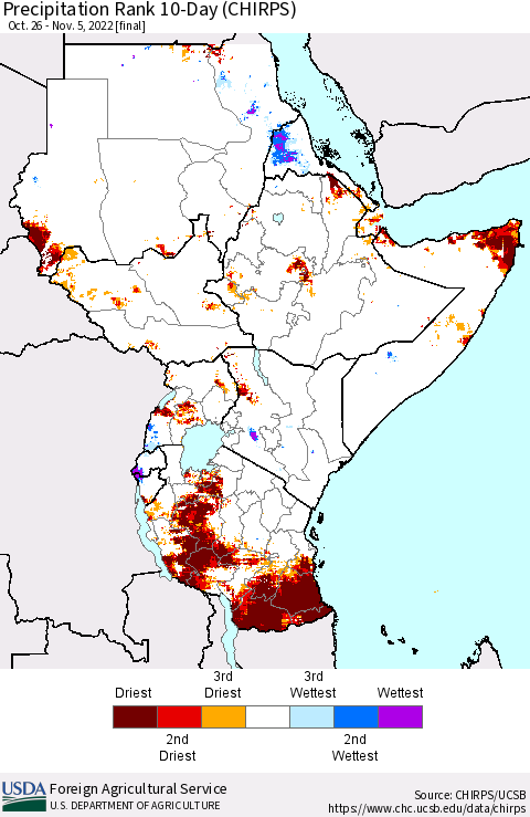 Eastern Africa Precipitation Rank since 1981, 10-Day (CHIRPS) Thematic Map For 10/26/2022 - 11/5/2022
