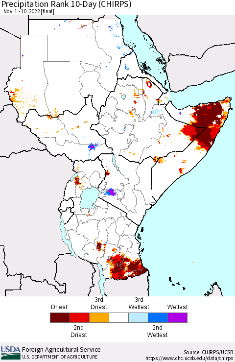 Eastern Africa Precipitation Rank since 1981, 10-Day (CHIRPS) Thematic Map For 11/1/2022 - 11/10/2022