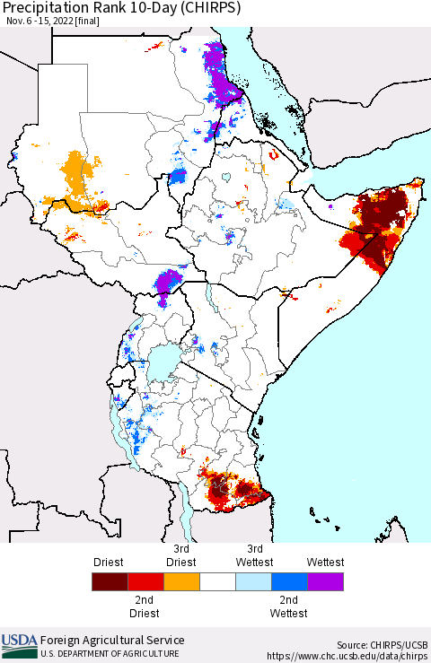 Eastern Africa Precipitation Rank since 1981, 10-Day (CHIRPS) Thematic Map For 11/6/2022 - 11/15/2022