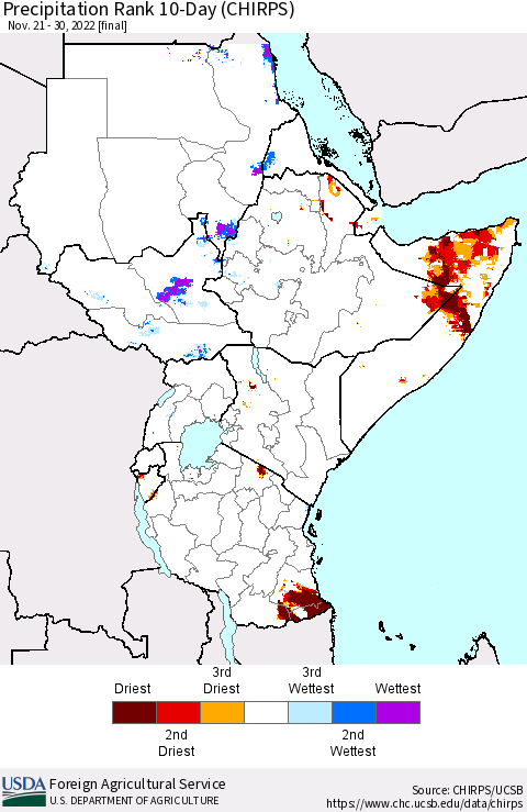 Eastern Africa Precipitation Rank since 1981, 10-Day (CHIRPS) Thematic Map For 11/21/2022 - 11/30/2022