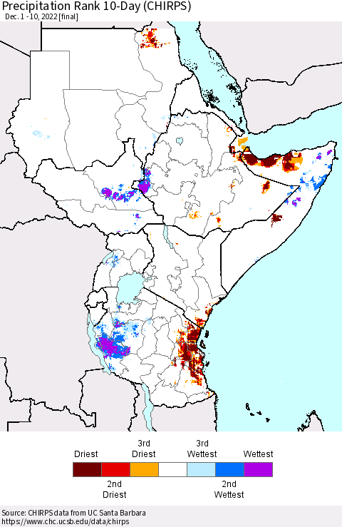 Eastern Africa Precipitation Rank since 1981, 10-Day (CHIRPS) Thematic Map For 12/1/2022 - 12/10/2022
