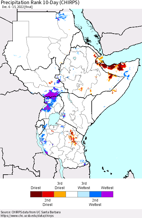 Eastern Africa Precipitation Rank since 1981, 10-Day (CHIRPS) Thematic Map For 12/6/2022 - 12/15/2022