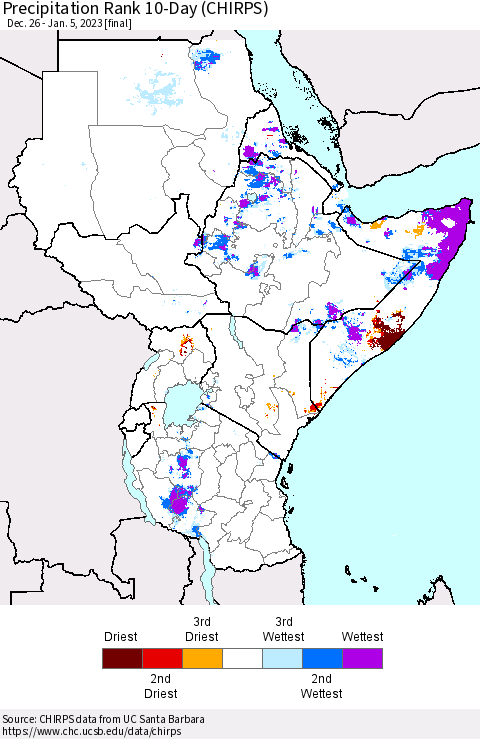 Eastern Africa Precipitation Rank since 1981, 10-Day (CHIRPS) Thematic Map For 12/26/2022 - 1/5/2023