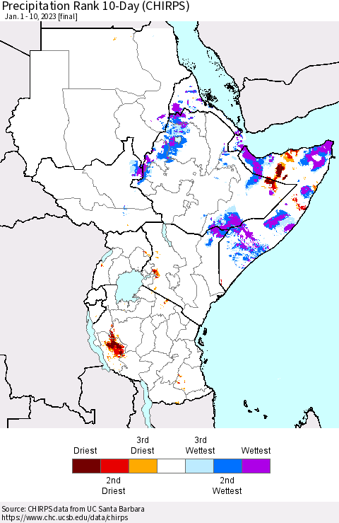 Eastern Africa Precipitation Rank since 1981, 10-Day (CHIRPS) Thematic Map For 1/1/2023 - 1/10/2023