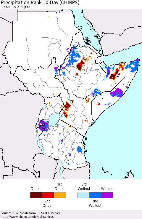 Eastern Africa Precipitation Rank since 1981, 10-Day (CHIRPS) Thematic Map For 1/6/2023 - 1/15/2023
