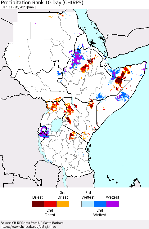 Eastern Africa Precipitation Rank since 1981, 10-Day (CHIRPS) Thematic Map For 1/11/2023 - 1/20/2023