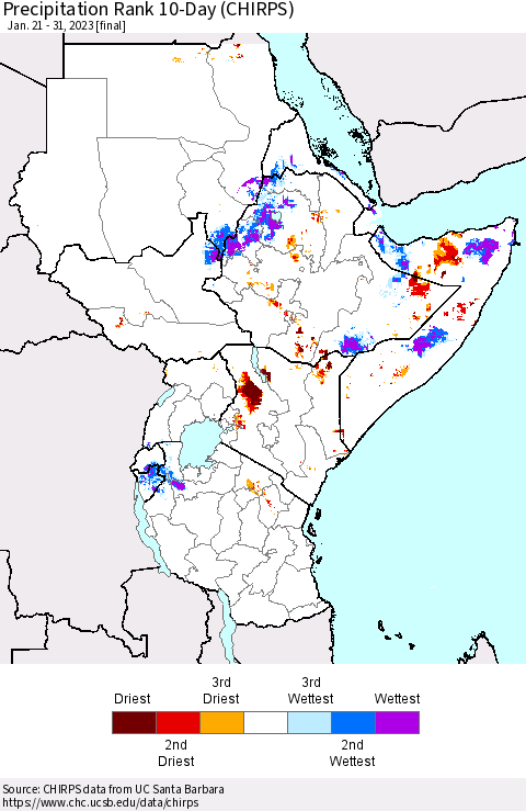 Eastern Africa Precipitation Rank since 1981, 10-Day (CHIRPS) Thematic Map For 1/21/2023 - 1/31/2023