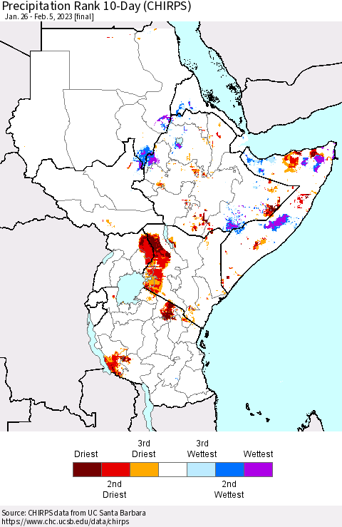 Eastern Africa Precipitation Rank since 1981, 10-Day (CHIRPS) Thematic Map For 1/26/2023 - 2/5/2023
