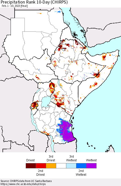 Eastern Africa Precipitation Rank since 1981, 10-Day (CHIRPS) Thematic Map For 2/1/2023 - 2/10/2023