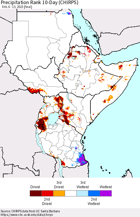 Eastern Africa Precipitation Rank since 1981, 10-Day (CHIRPS) Thematic Map For 2/6/2023 - 2/15/2023