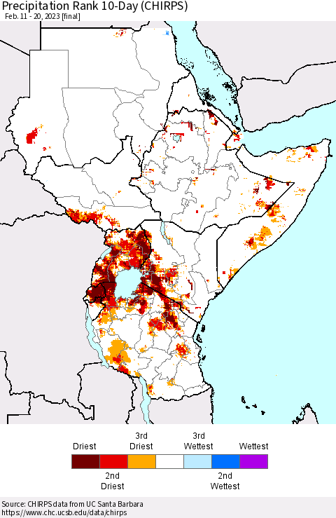Eastern Africa Precipitation Rank since 1981, 10-Day (CHIRPS) Thematic Map For 2/11/2023 - 2/20/2023