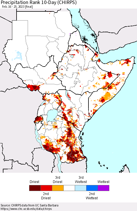 Eastern Africa Precipitation Rank since 1981, 10-Day (CHIRPS) Thematic Map For 2/16/2023 - 2/25/2023
