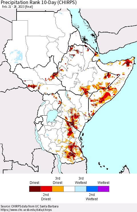 Eastern Africa Precipitation Rank since 1981, 10-Day (CHIRPS) Thematic Map For 2/21/2023 - 2/28/2023