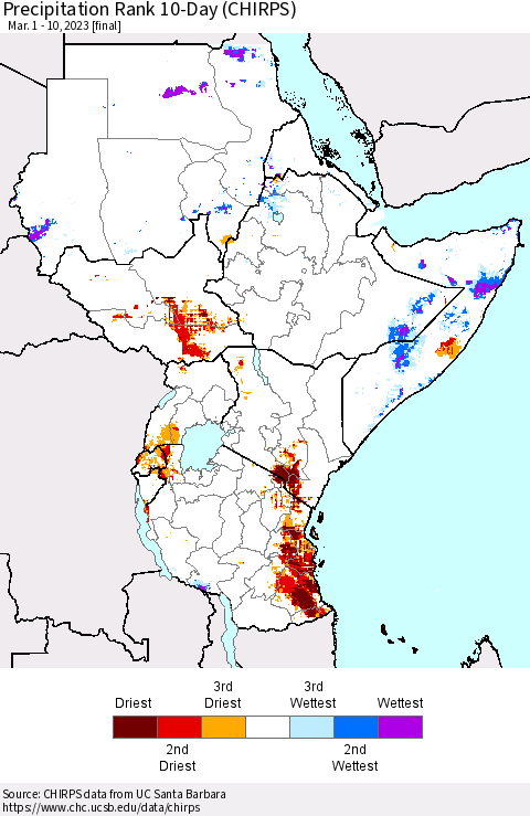 Eastern Africa Precipitation Rank since 1981, 10-Day (CHIRPS) Thematic Map For 3/1/2023 - 3/10/2023