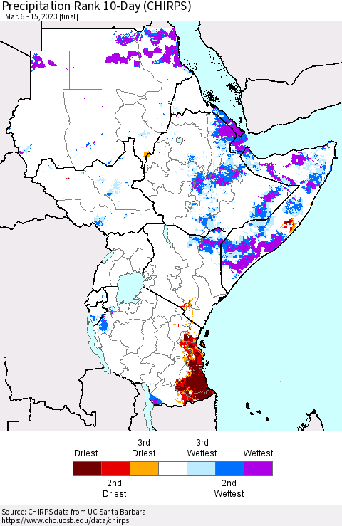 Eastern Africa Precipitation Rank since 1981, 10-Day (CHIRPS) Thematic Map For 3/6/2023 - 3/15/2023