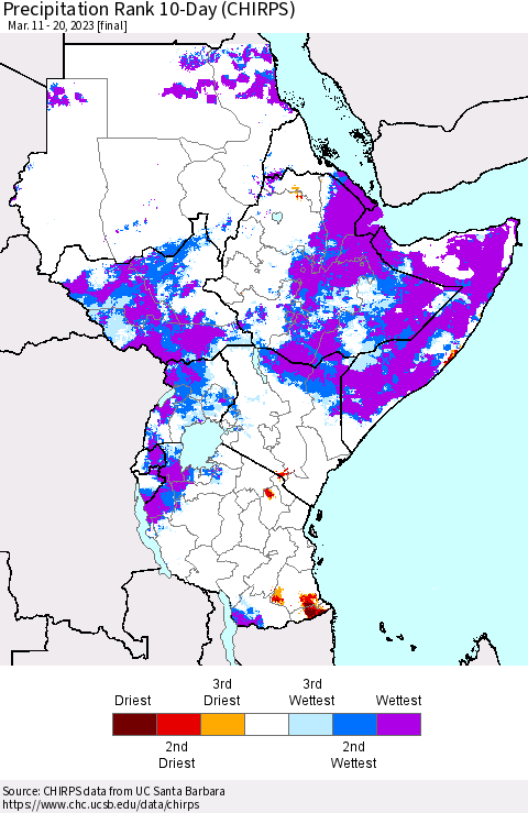 Eastern Africa Precipitation Rank since 1981, 10-Day (CHIRPS) Thematic Map For 3/11/2023 - 3/20/2023