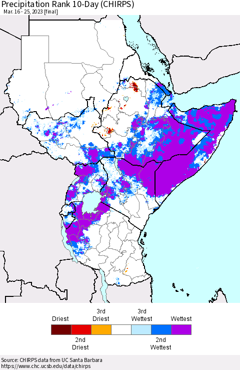 Eastern Africa Precipitation Rank since 1981, 10-Day (CHIRPS) Thematic Map For 3/16/2023 - 3/25/2023