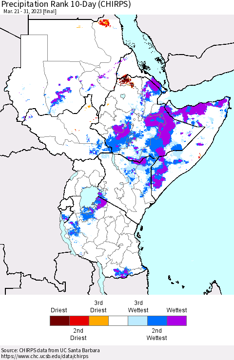 Eastern Africa Precipitation Rank since 1981, 10-Day (CHIRPS) Thematic Map For 3/21/2023 - 3/31/2023