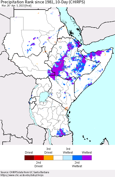 Eastern Africa Precipitation Rank since 1981, 10-Day (CHIRPS) Thematic Map For 3/26/2023 - 4/5/2023