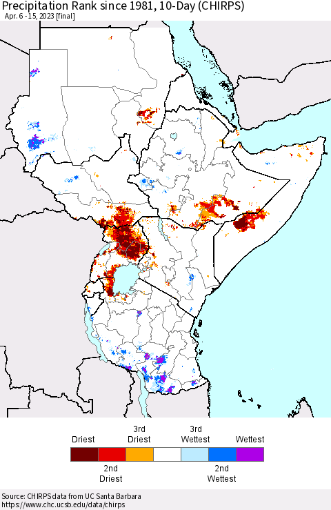Eastern Africa Precipitation Rank since 1981, 10-Day (CHIRPS) Thematic Map For 4/6/2023 - 4/15/2023