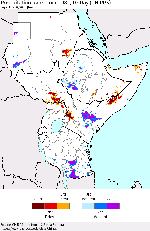 Eastern Africa Precipitation Rank since 1981, 10-Day (CHIRPS) Thematic Map For 4/11/2023 - 4/20/2023