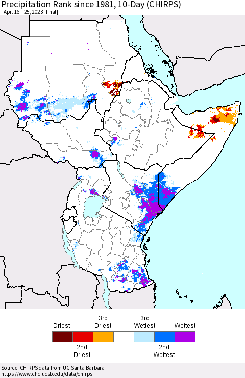 Eastern Africa Precipitation Rank since 1981, 10-Day (CHIRPS) Thematic Map For 4/16/2023 - 4/25/2023