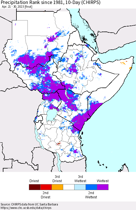 Eastern Africa Precipitation Rank since 1981, 10-Day (CHIRPS) Thematic Map For 4/21/2023 - 4/30/2023