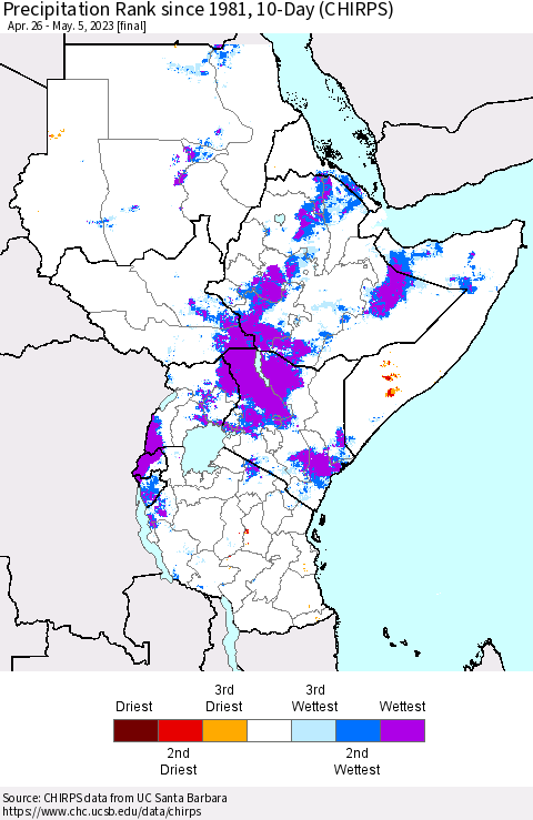 Eastern Africa Precipitation Rank since 1981, 10-Day (CHIRPS) Thematic Map For 4/26/2023 - 5/5/2023